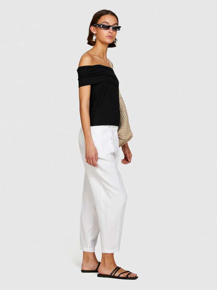 100% linen barrel leg trousers - women's carrot fit trousers - White | Sisley image number 2
